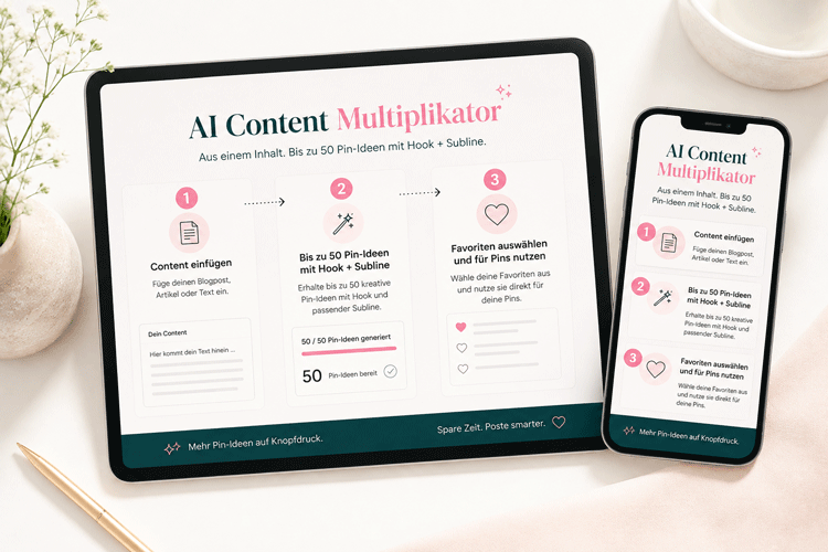AI Content Multiplikator: Ablauf in drei Schritten – Content einfügen, bis zu 50 Pin-Ideen mit Hook + Subline, Favoriten auswählen und für Pins nutzen