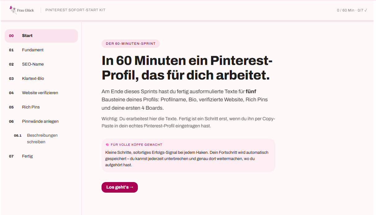 Pinterest Sofort-Start Kit – Ansicht des interaktiven Tools mit Schritt-für-Schritt-Navigation
